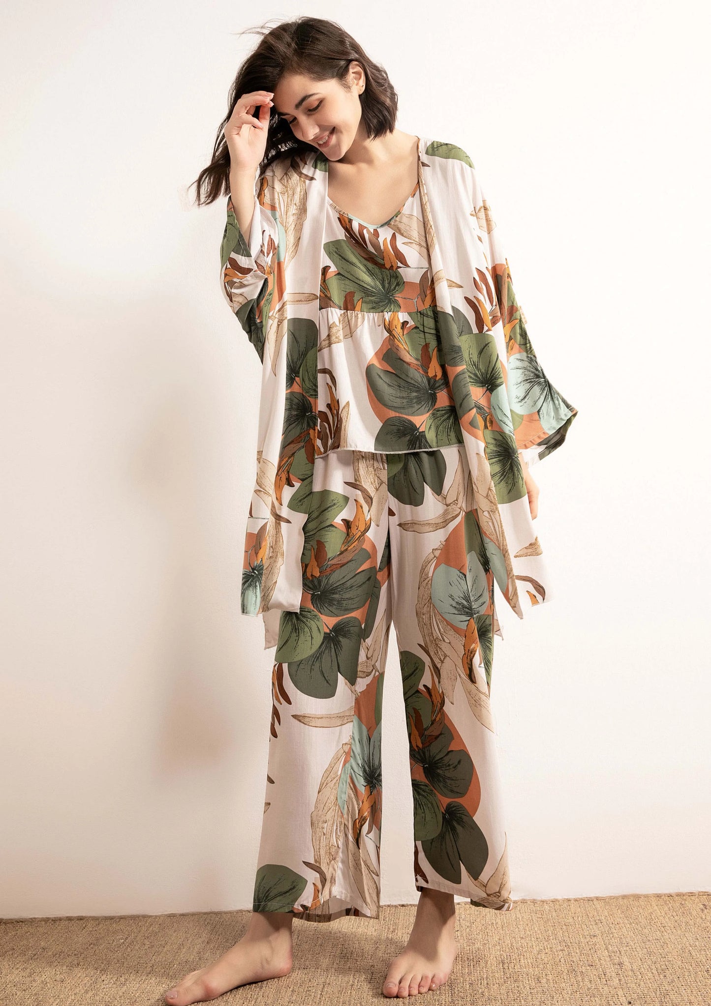 Cotton Pyjamas Set Flower Print Summer Thin Pyjama Femme Long Robe+Pants+Vest 3 Piece/Set Sleepwear Pijama