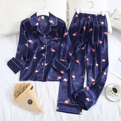 Long Sleeve Pyjamas Autumn Ice Silk Long Sleeve Trousers Suit Printing Fashion Pyjamas Set