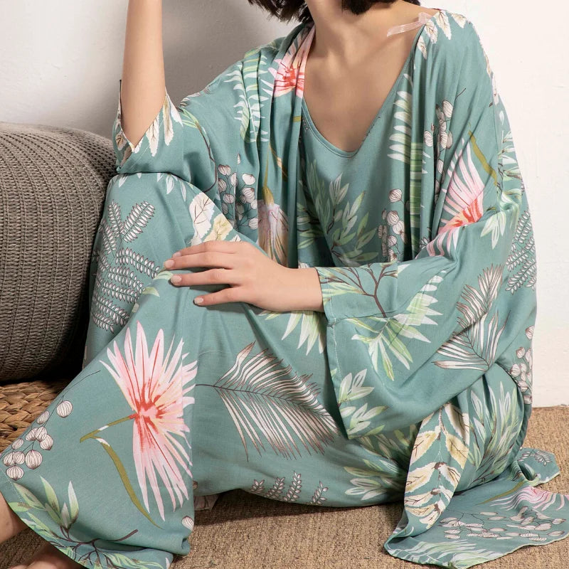 Cotton Pyjamas Set Flower Print Summer Thin Pyjama Femme Long Robe+Pants+Vest 3 Piece/Set Sleepwear Pijama