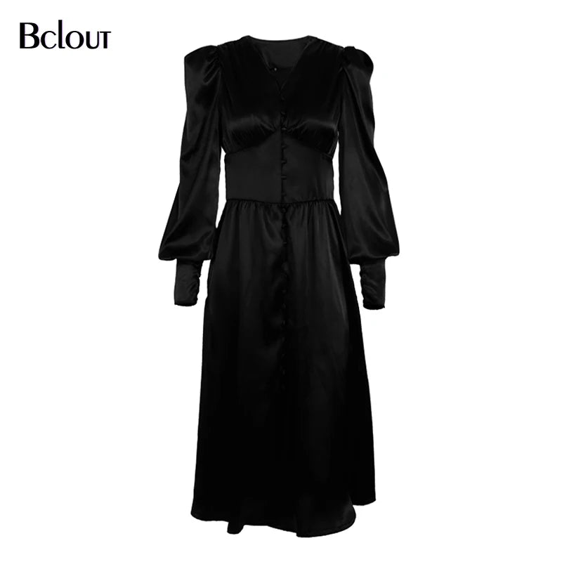 Elegant Satin Single-Breasted Shirt Dress Fashion Beige Slim V Neck Long Dresses Woman Latern Sleeve Autumn Winter Robe