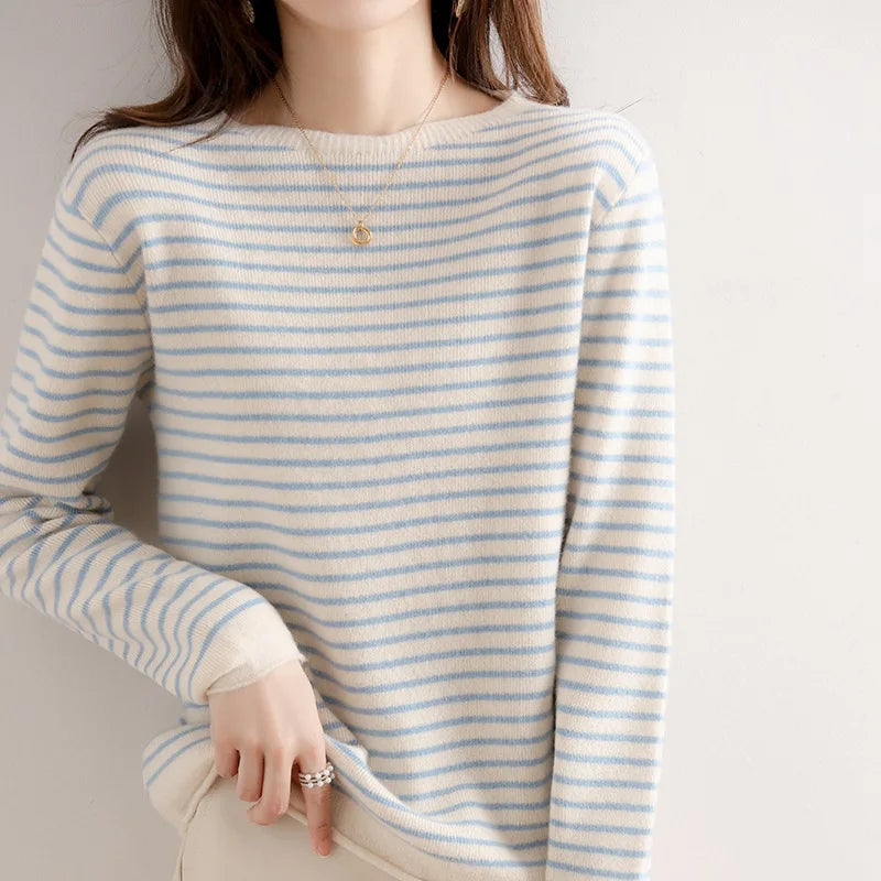 Women O-Neck Striped Sweater Harajuku Winter Retro Women's Thick Slim Stretch Warm Tops 2022 Autumn Knitted Pullover