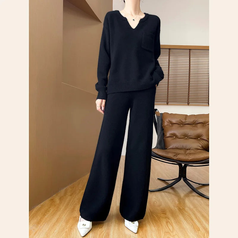 100% Pure Wool Knit Women's Suit V-neck Long-Sleeved Sweater Wide-Leg Pants Trendy Two-Piece Set