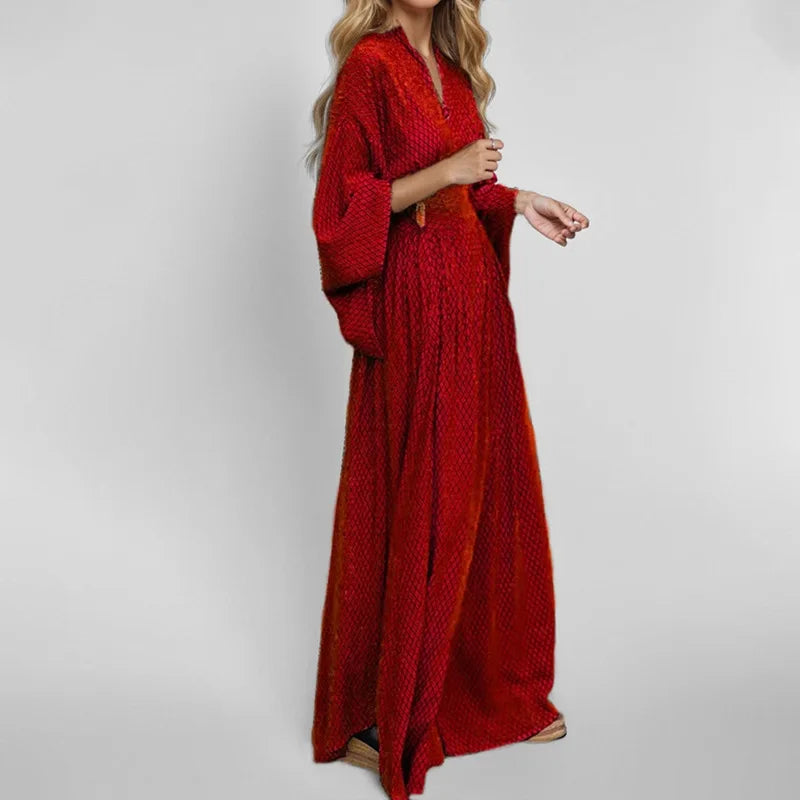 Geometric Trumpet Sleeves Sexy V-neck Waist Casual Loose Long Sleeve Dress