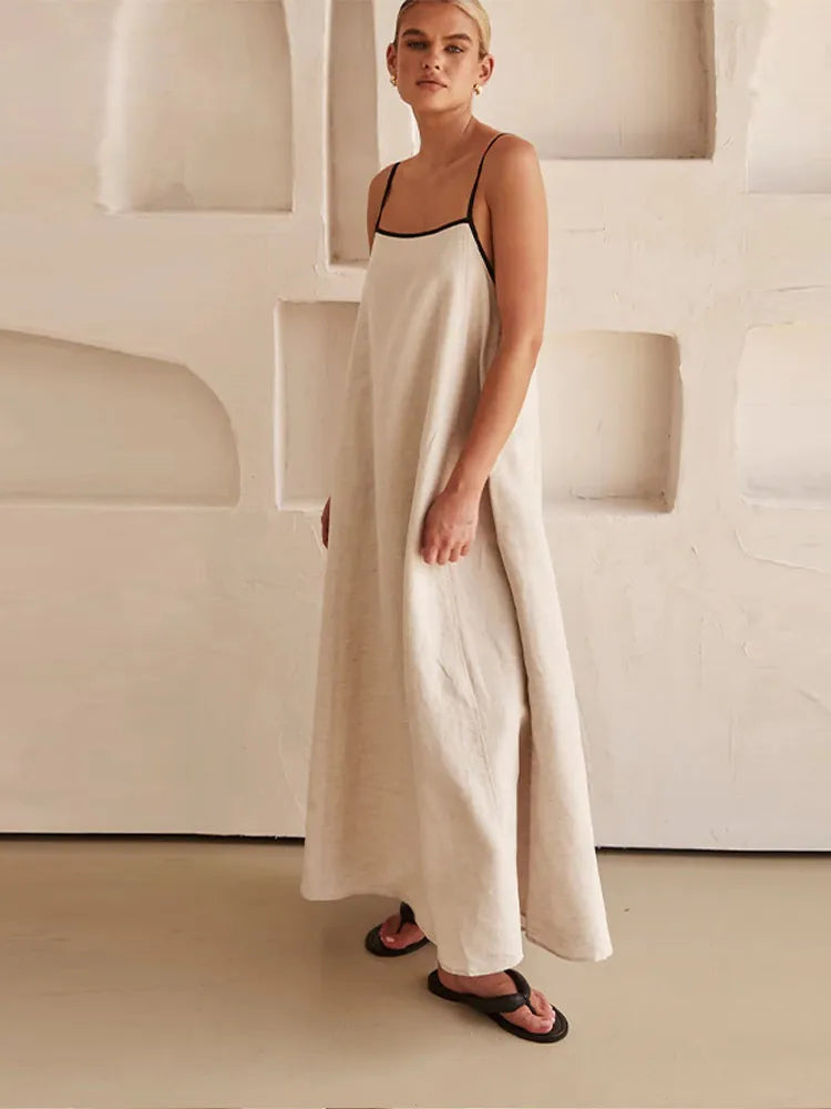 Fashion Cotton Linen Sling Maxi Dress For Women 2024 Spring Off Shoulder Sleeveless Long Dresses Female Summer Chic Beach Dress