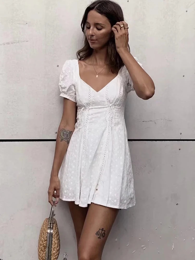 Elegant French Chic Mini Dresss White Cotton Lace Up Hollow Out Embroidery Women Ladies Vacation Dresses