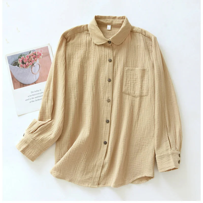 Retro 100% Cotton Shirt Blouses For Women Fashion 2023 Casual Turn Down Collar Long Sleeve Top Blusas Mujer EnvíO Gratis