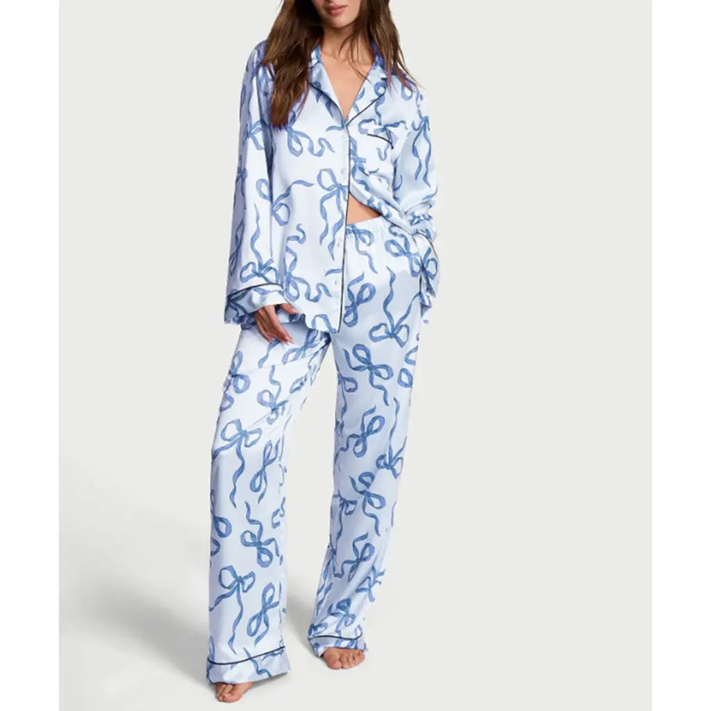 Women 2Pcs Satin Pyjamas Loungewear Set Long Sleeve Lapel Neck Bow/Star Print Shirt Tops+Elastic Waist Pants Sleepwear