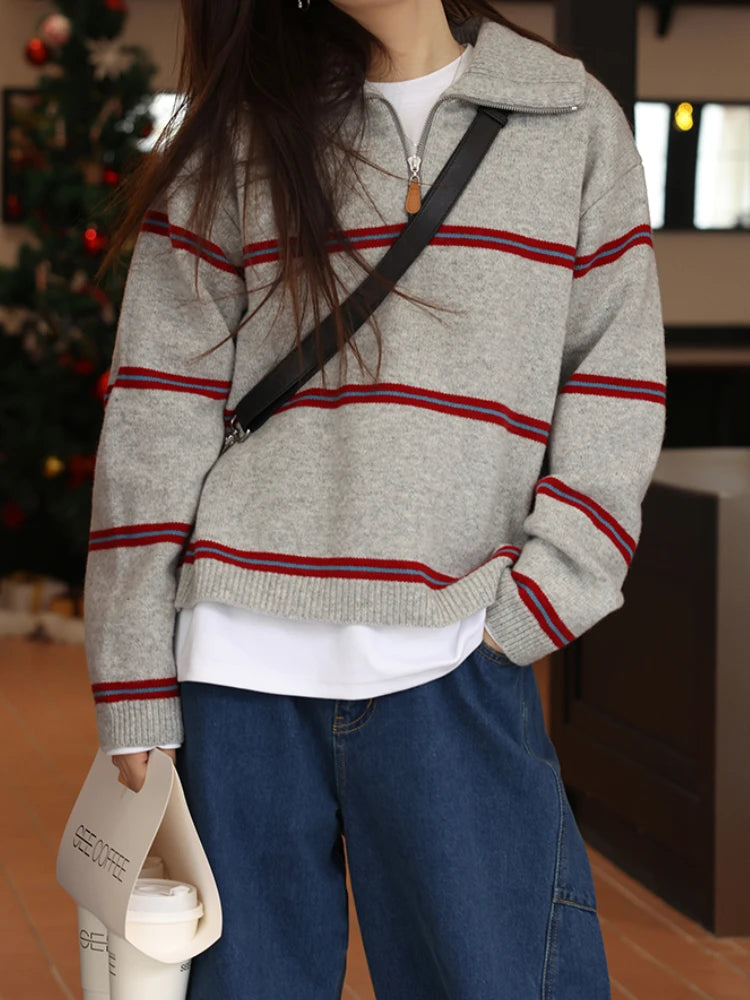 Zipper Striped Pink Sweater Retro Contrast Fashion Autumn/Winter Sweaters for Women 2023 LOOSE Grey Long Sleeve Knit Pullovers