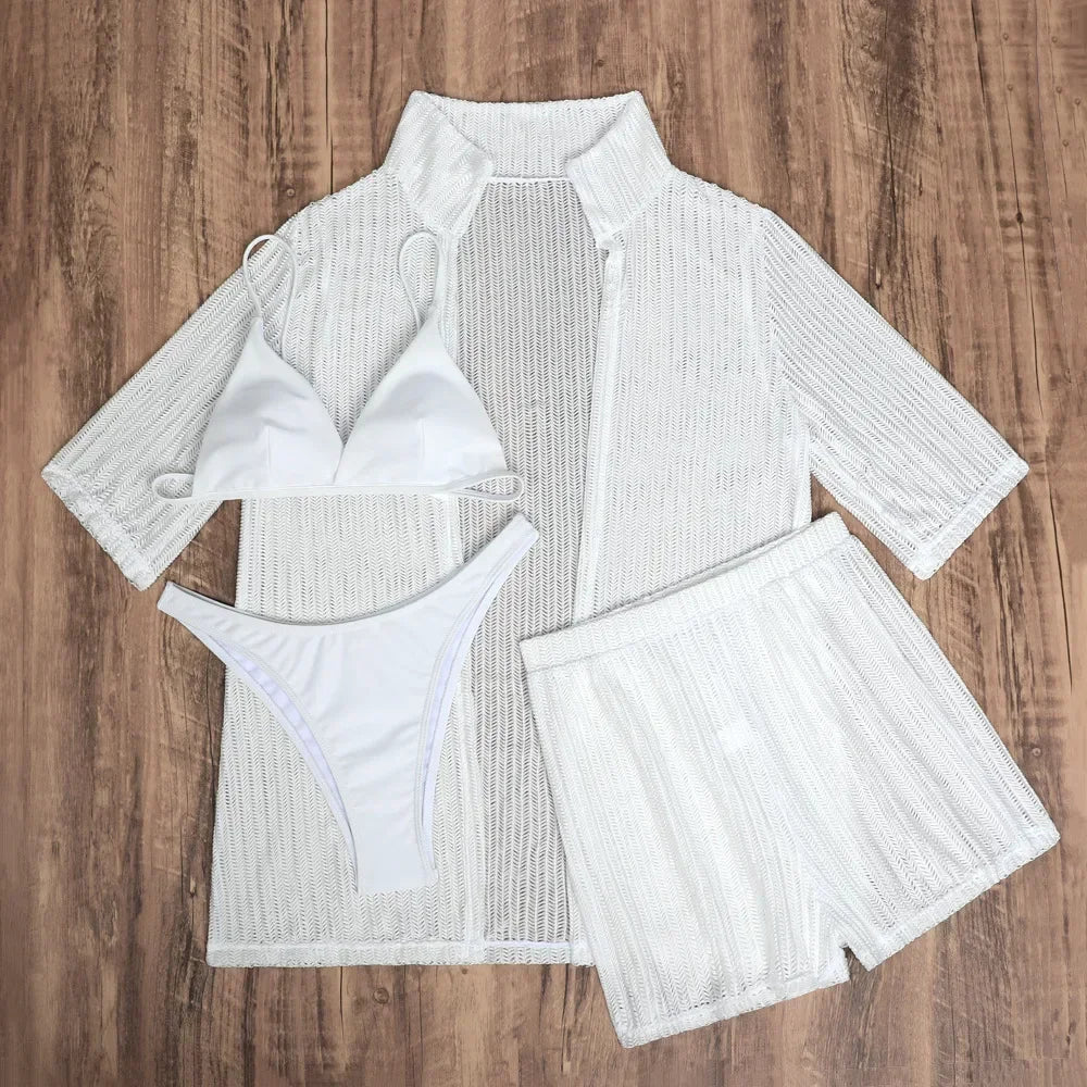 White Mesh Shirts Shorts Swimwear 4 Piece Bikinis Sets Beach Wear Sexy Swimsuit Women Bathing Suit Triangle Bikini 2025 Mujer