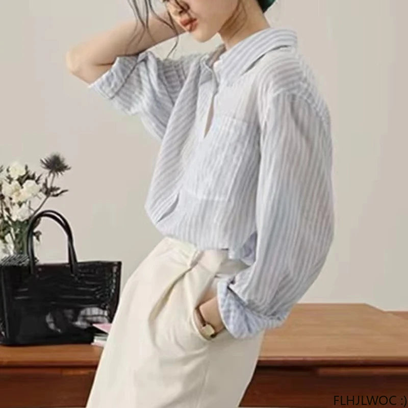 Cotton Linen Thin Transparent Tops Blouses New 2024 Summer Long Sleeve Loose Casual Button Striped Boyfriend Design Shirts