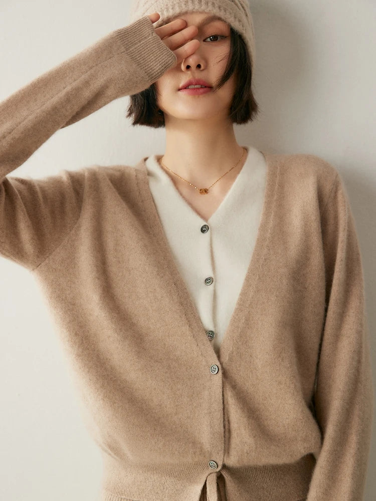 New Chic Women V-neck Cardigan 100% Cashmere Sweater Simple Style Luxury Office Lady Autumn Winter Cashmere Knitted Clothing