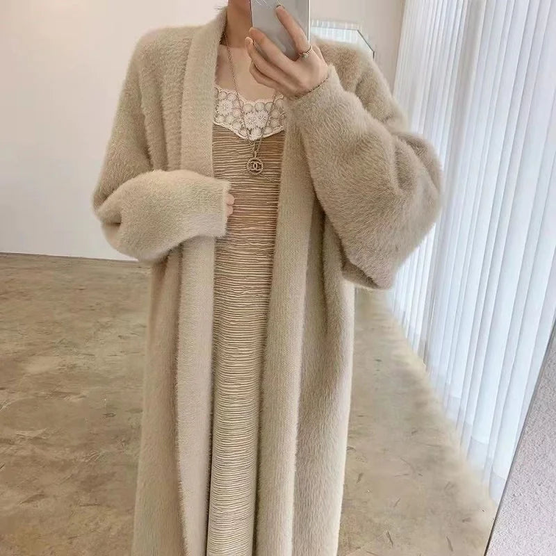 white Long Cardigan for women 2024 new winter clothes Knitted fluffy long sleeve Cashmere sweater coat korean style warm vintage