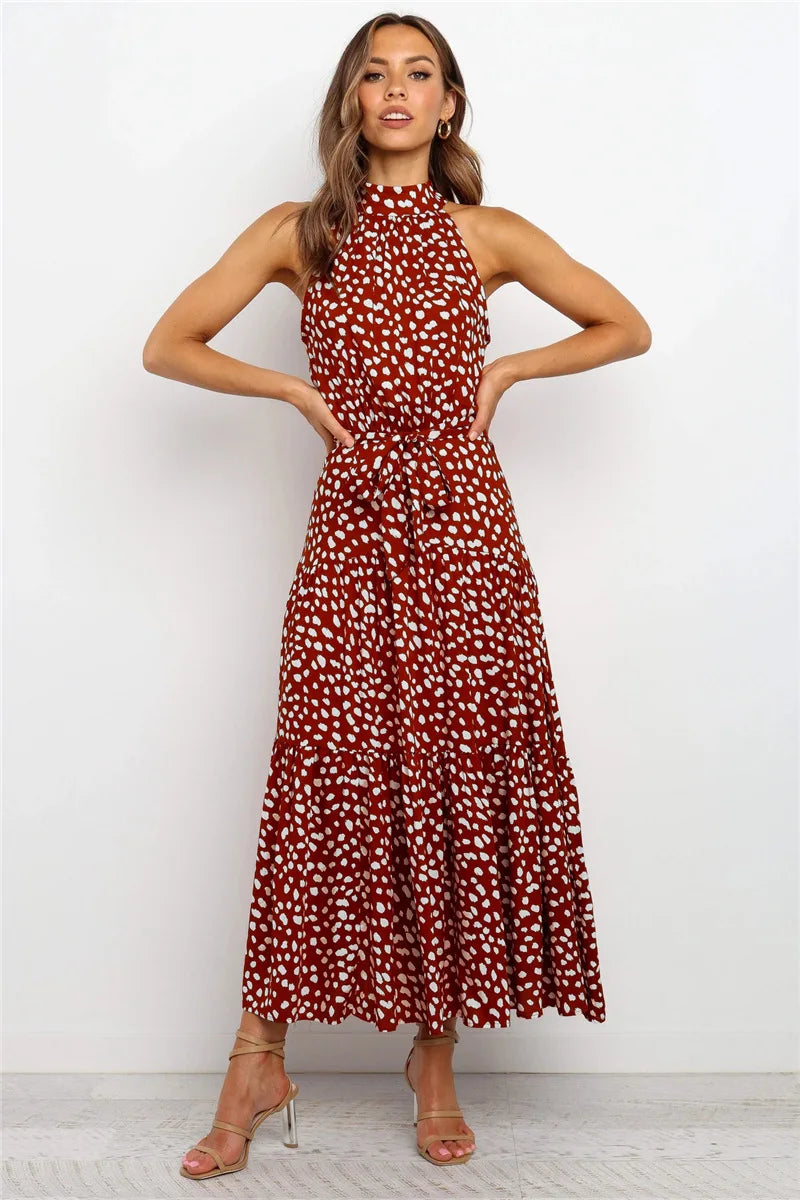 Summer Floral Print Halter Neck Dresses For Women Sleeveless Leace-up Long Dress Casual Beach Holiday Vestidos Female Clothing