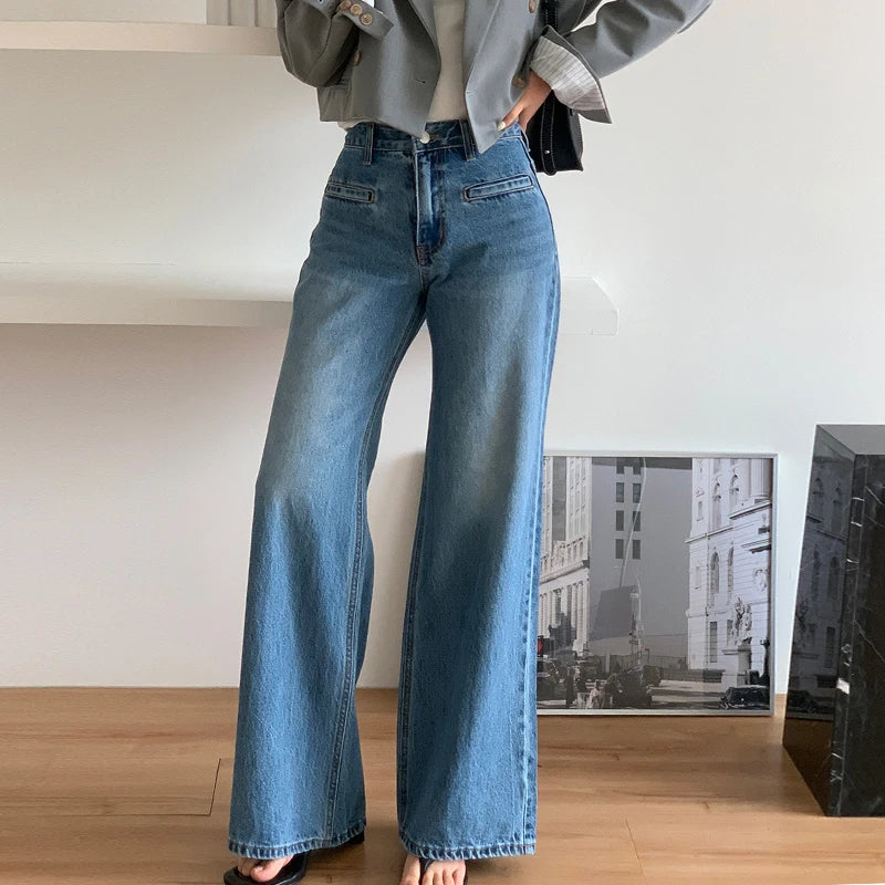 Slimming High Waist Bell Bottom Jeans Women's Summer New Design Wide Leg Pants Straight Cut Trousers Long Jeans Retro Sle