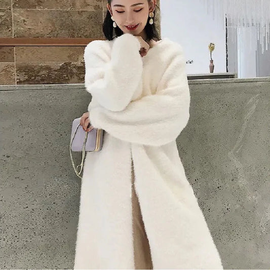 white Long Cardigan for women 2024 new winter clothes Knitted fluffy long sleeve Cashmere sweater coat korean style warm vintage