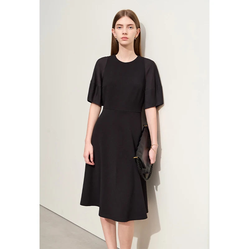 Minimalism Dress For Women 2024 Summer New Round Neck Splicing Lantern Sleeve Female Waisted French Solid Dresses 12422079