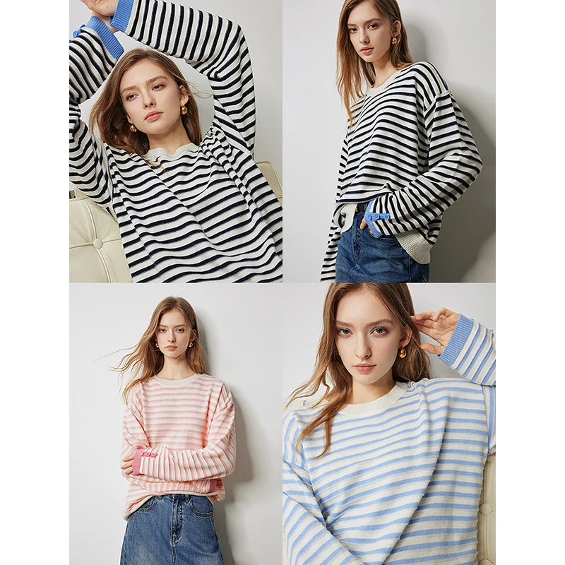 Women Knitted Sweater 2024 Autumn New Striped Long Sleeve Contrasting Woven Round Neck Pullover Tops