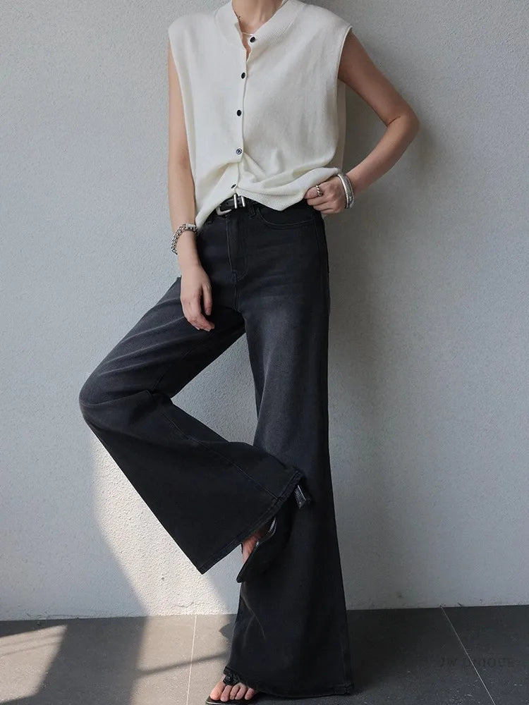 Minimalist Black Micro Flared Jeans For Women In Spring And Autumn, Slim Fit With Wide Legs, Fashionable Floor Length Pants