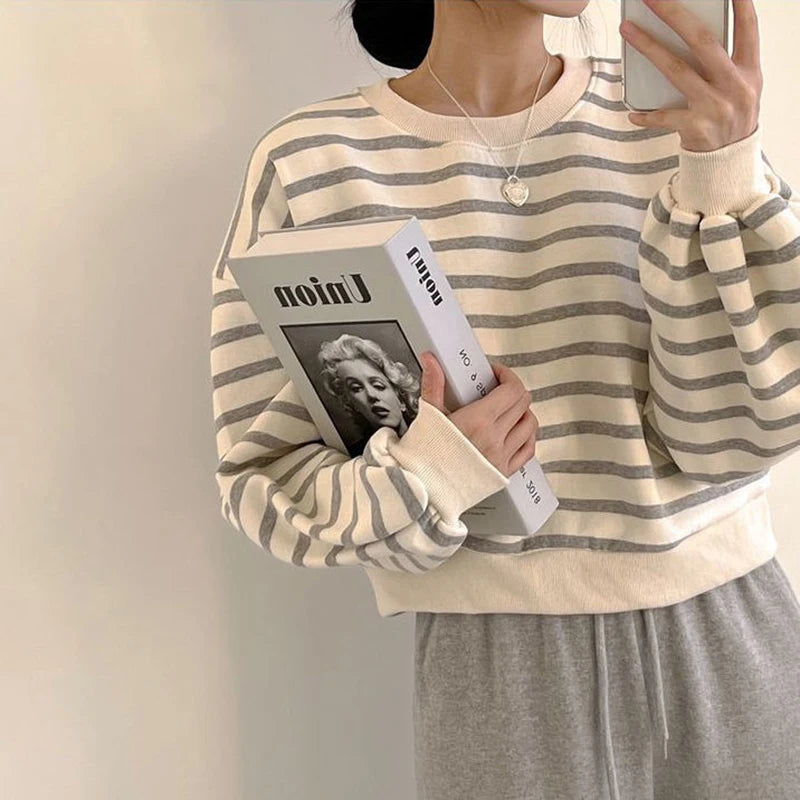 Fall Thin Striped Print Long Sleeve Women T Shirt Harajuku Casual All-match Fashion Oversized Student Vintage Top Tee Black Grey