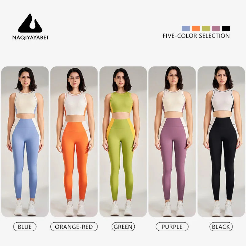 Women's color clashing quick-drying yoga clothes suit gym training clothes suit gathered undershirt lifting hip tight pants