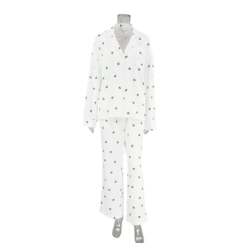 Summer New Love Heart Print Pyjama 100% Cotton Long Sleeve Set 2Pcs Outfit Lapel Sleepwear Button Down Women's Pajamas Nightwear