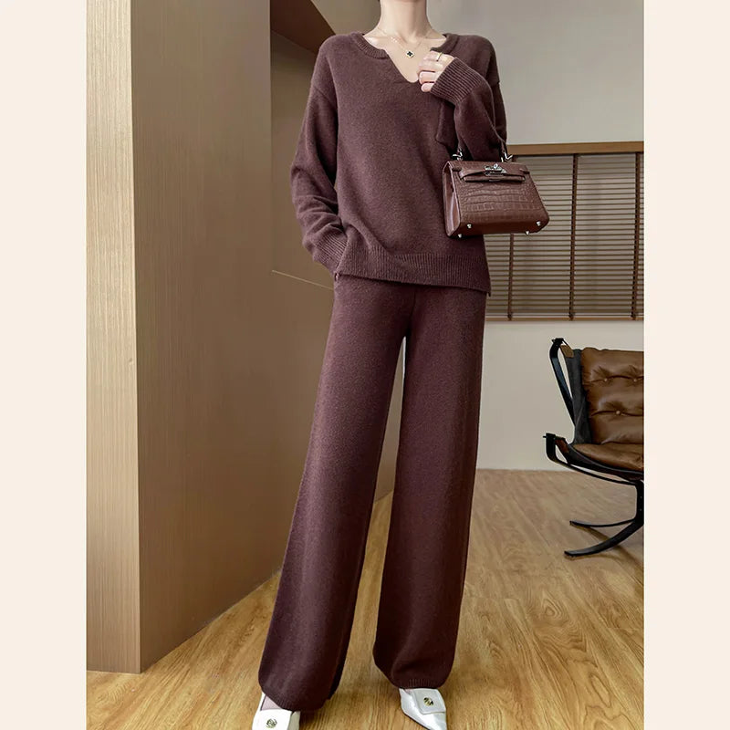 100% Pure Wool Knit Women's Suit V-neck Long-Sleeved Sweater Wide-Leg Pants Trendy Two-Piece Set