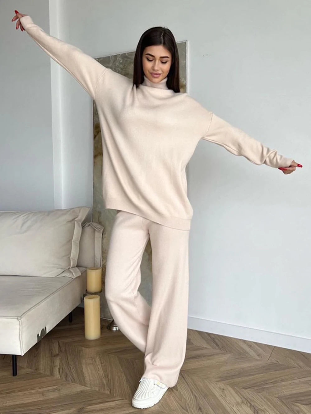 Wixra Women Knitted Suits Solid Turntleneck Full Sleeve Sweater+High Waist Straight Trousers Female 2-Piece Sets