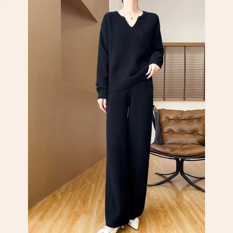 100% Pure Wool Knit Women's Suit V-neck Long-Sleeved Sweater Wide-Leg Pants Trendy Two-Piece Set