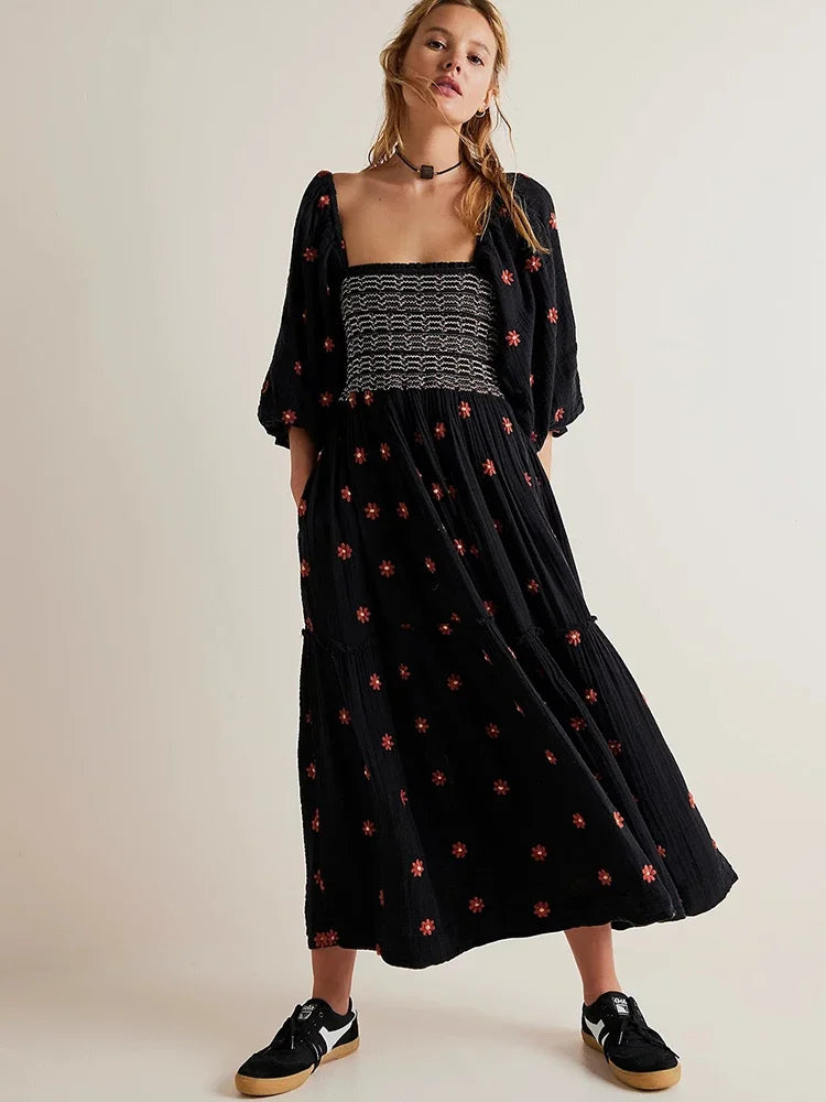 Floral Embroidery Maxi Dress Spring Autumn Long Sleeve Loose Boho Women Ruffles Casual Holiday Tiered Ladies Dresses