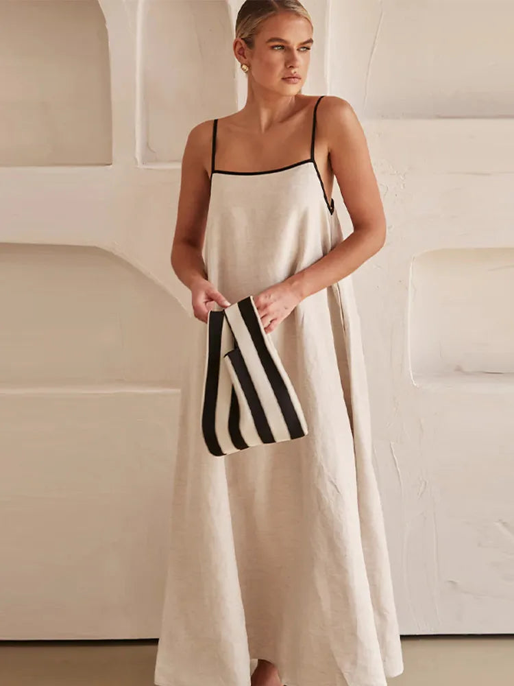 Fashion Cotton Linen Sling Maxi Dress For Women 2024 Spring Off Shoulder Sleeveless Long Dresses Female Summer Chic Beach Dress