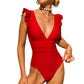 Sexy Monokini One-piece Monokini Stylish Ruffle Edge Monokini Swimsuit for Women V Neck Quick Dry Detachable Pads Bikini Set