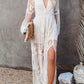 Summer Lace Long Dress Women Bohemian Embroidered Maxi Dress Female V Neck Hollow Out Long White Casual Holiday Dress