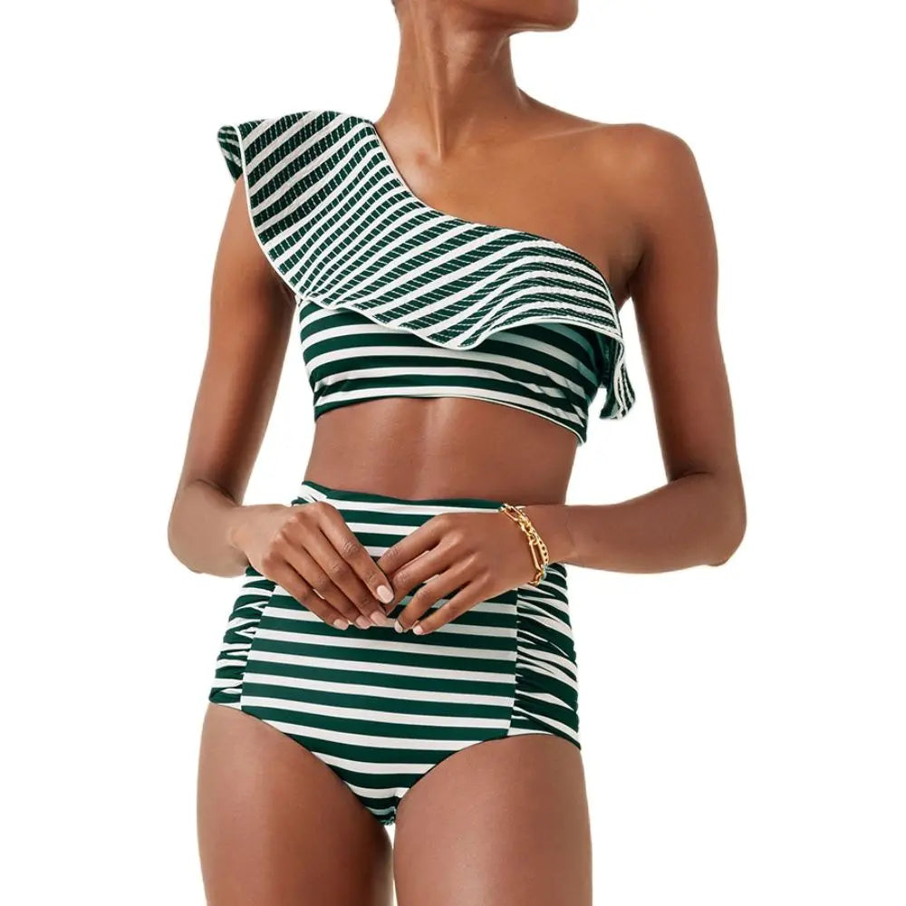 Striped Print Ruffle Split Swimsuit