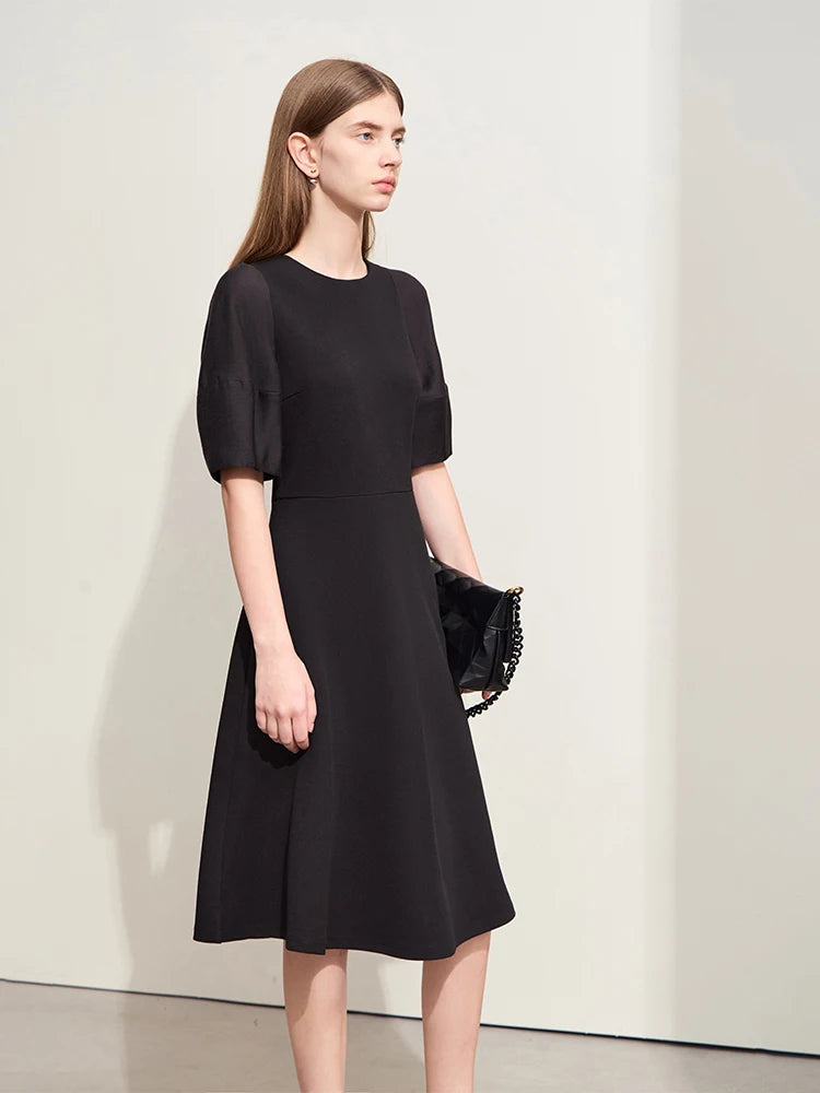 Minimalism Dress For Women 2024 Summer New Round Neck Splicing Lantern Sleeve Female Waisted French Solid Dresses 12422079