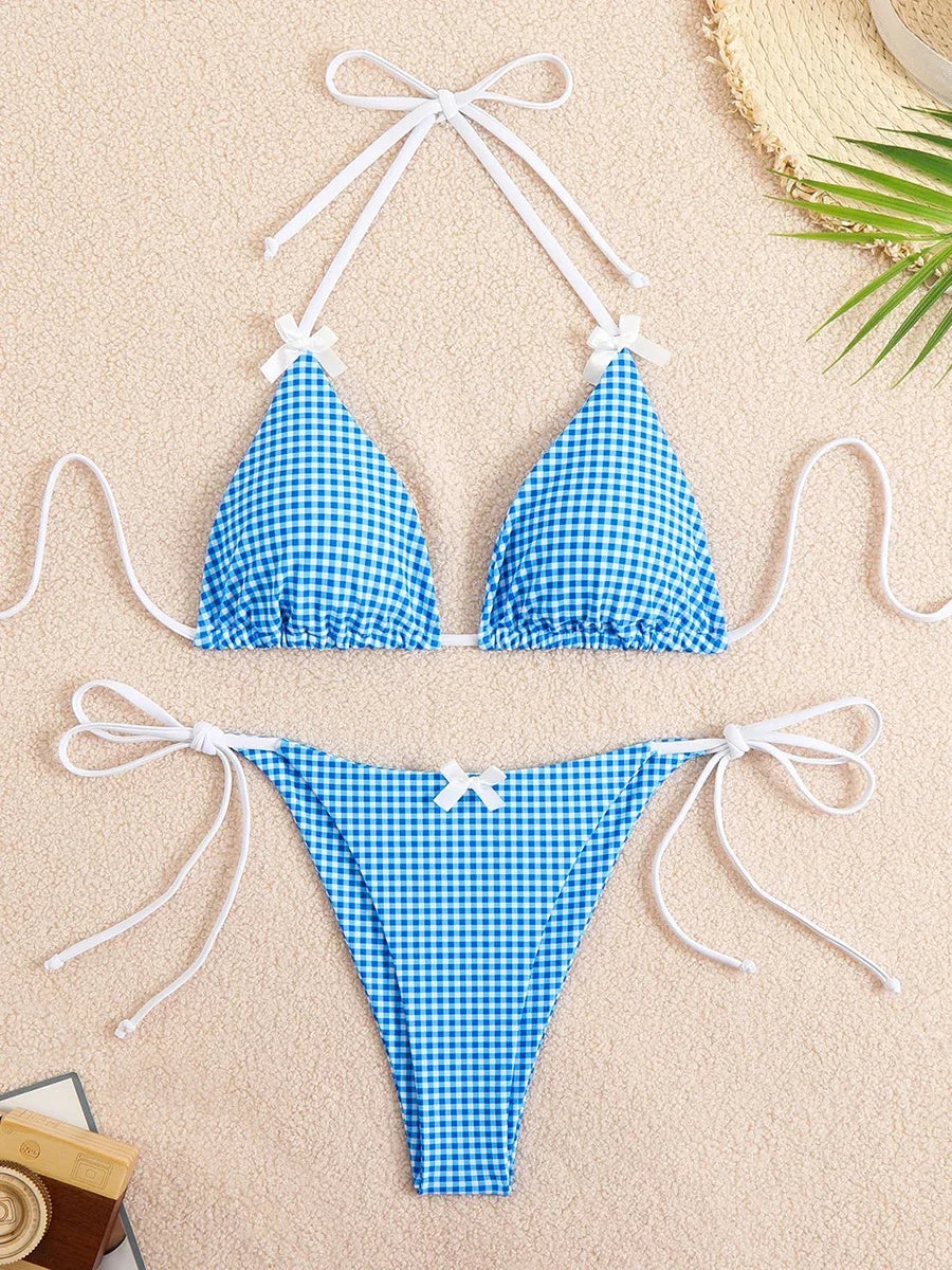 Sexy Bikini 2025 Swimwear Women's Swimsuit Butterfly Decor Checked Halter Thong Bikinis Sets Swimming for Beachwear Bathing Suit