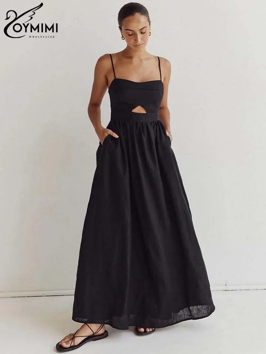 Oymimi Fashion Black Cotton Womens Dresses Elegant Spaghetti Strap Hollow Out Dress Summer Pockets Side Slit Loose Dress Female