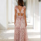 Sexy Pink Printed Deep V Neck Hollow Out Dress Women Sleeveless Ruffle Floral Split Long Dress