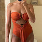 Sexy Vacation Style Swimsuit Bikini Orange Red High Waist Hollow Design Fashion Long Cape Yarn Summer Print 2024 Ladies Design