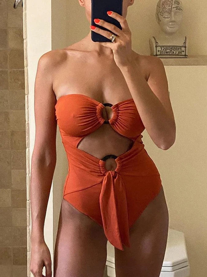 Sexy Vacation Style Swimsuit Bikini Orange Red High Waist Hollow Design Fashion Long Cape Yarn Summer Print 2024 Ladies Design