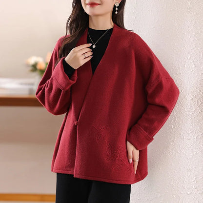 100% Merino Wool Women's Cardigan, Embroidered, Floral, Loose, V-Neck, Buttoned, Elegant, Coat, Top, Autumn/Winter 2024