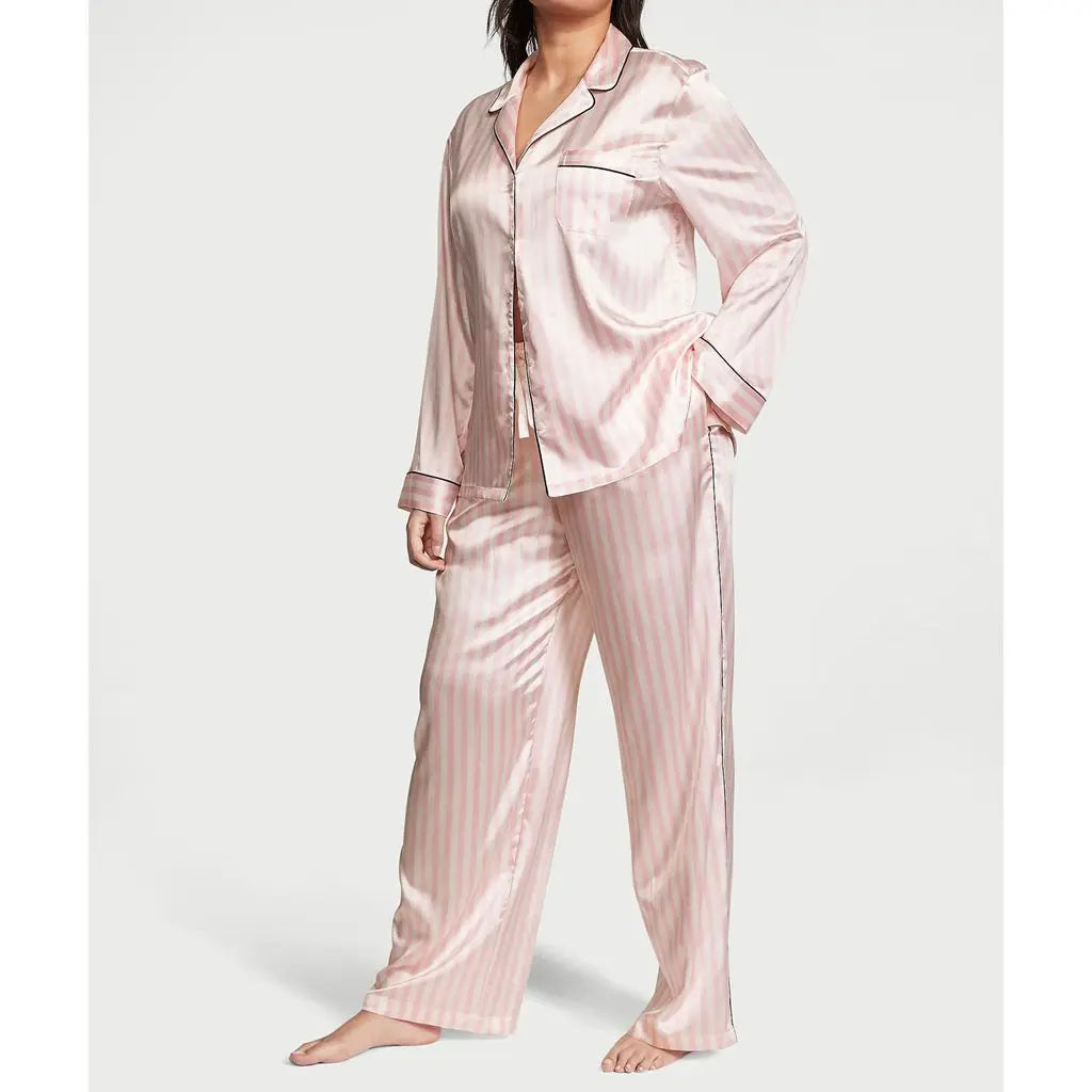 Women 2Pcs Satin Pyjamas Loungewear Set Long Sleeve Lapel Neck Bow/Star Print Shirt Tops+Elastic Waist Pants Sleepwear