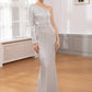 One Shoulder Stretchy Silver Sequin Party Dress Full Lining Bodycon Floor Length Backless Mermaid Tight Summer Dress