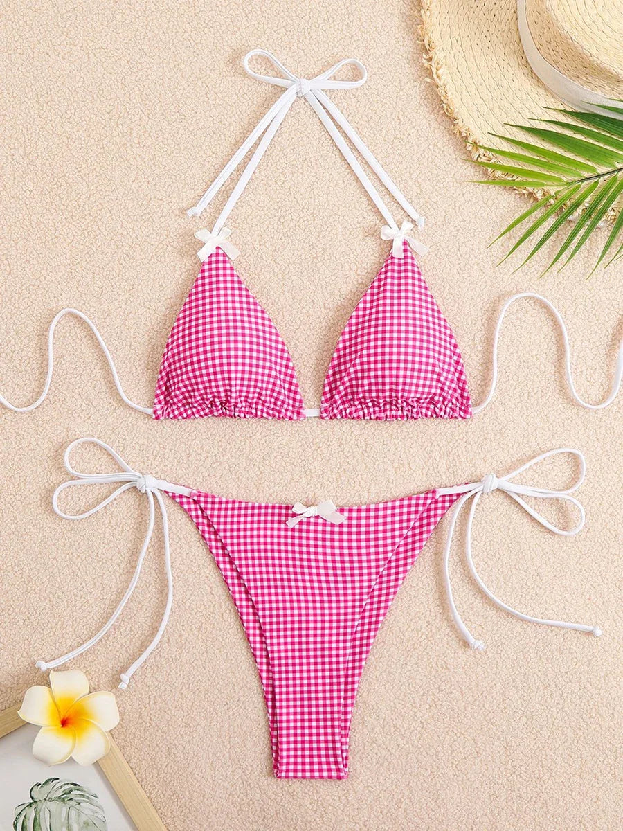 Sexy Bikini 2025 Swimwear Women's Swimsuit Butterfly Decor Checked Halter Thong Bikinis Sets Swimming for Beachwear Bathing Suit