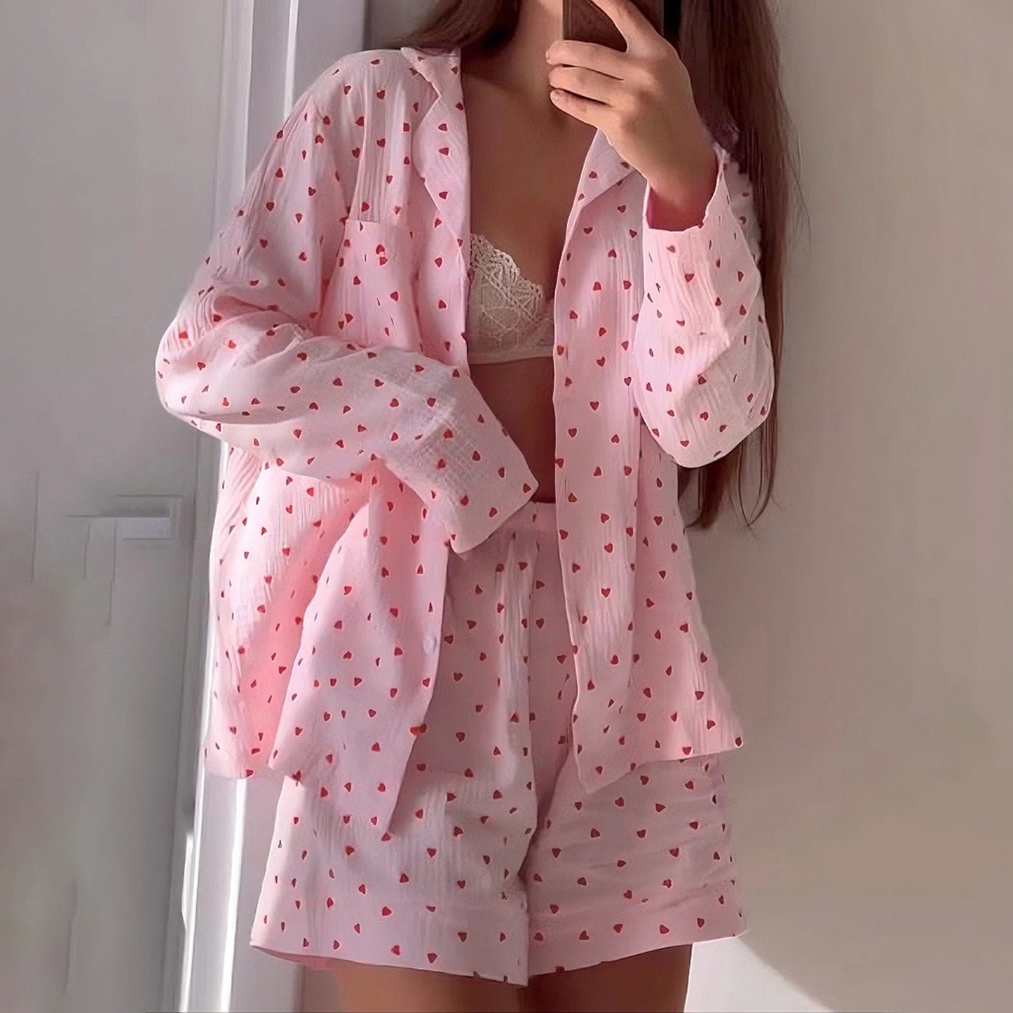 Women 2 Piece Pyjamas Set Cherry Graphic Print Short Sleeve Button Shirt and Shorts Loungewear Sleepwear PJ Sets