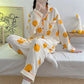 Women Pajamas Set Orange Print Sleepwear Autumn Korean Fashion Sweet Pyjamas Button Homewear Suit Women Home Clothes