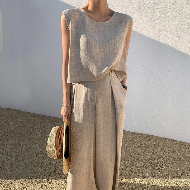 Women Casual Sleeveless Loose 2Pc Set New Fashion Simple Cotton Linen Solid Outfits Elegant O-neck Pullover Top & Long Pant Suit