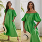 Fashionable Women's Green Lace Up Dress French Casual Lazy Style Bubble Sleeves Slanted Shoulder Short Sleeved Elegant Dress