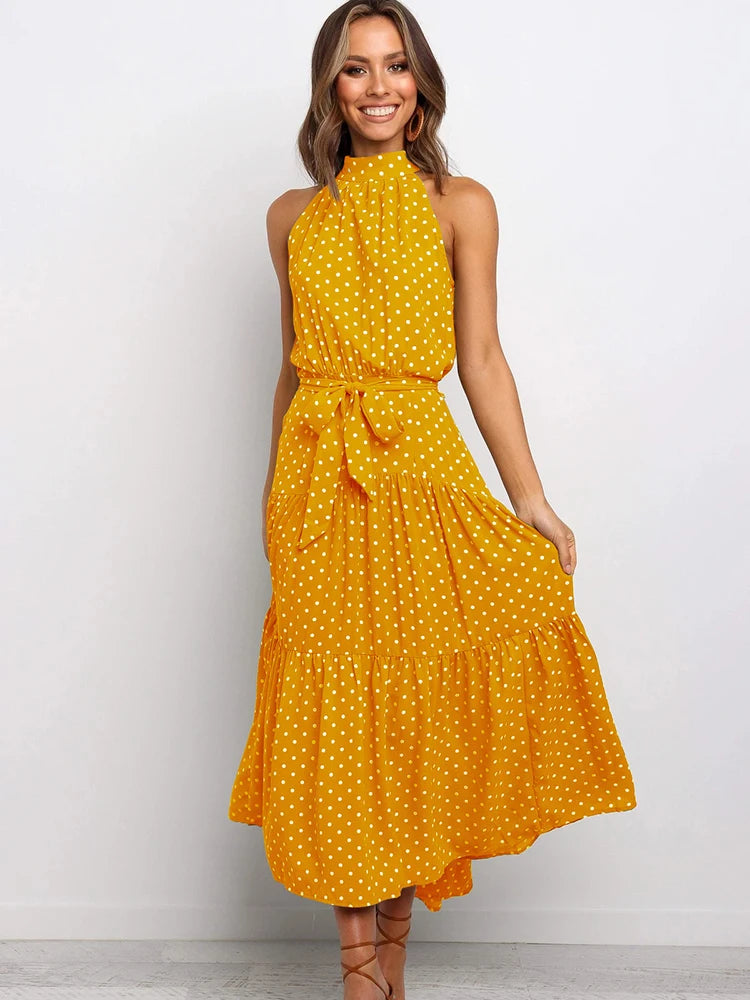 Summer Long Dress Polka Dot Casual Dresses Black Sexy Halter Strapless New 2022 Yellow Sundress Vacation Clothes For Women