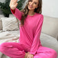 Women's Solid Polyester Fiber Casual Pajama Set Long Sleeved Crew Neck Loose Top Pants Pajamas And Autumn 2 Piece Home Wear Set