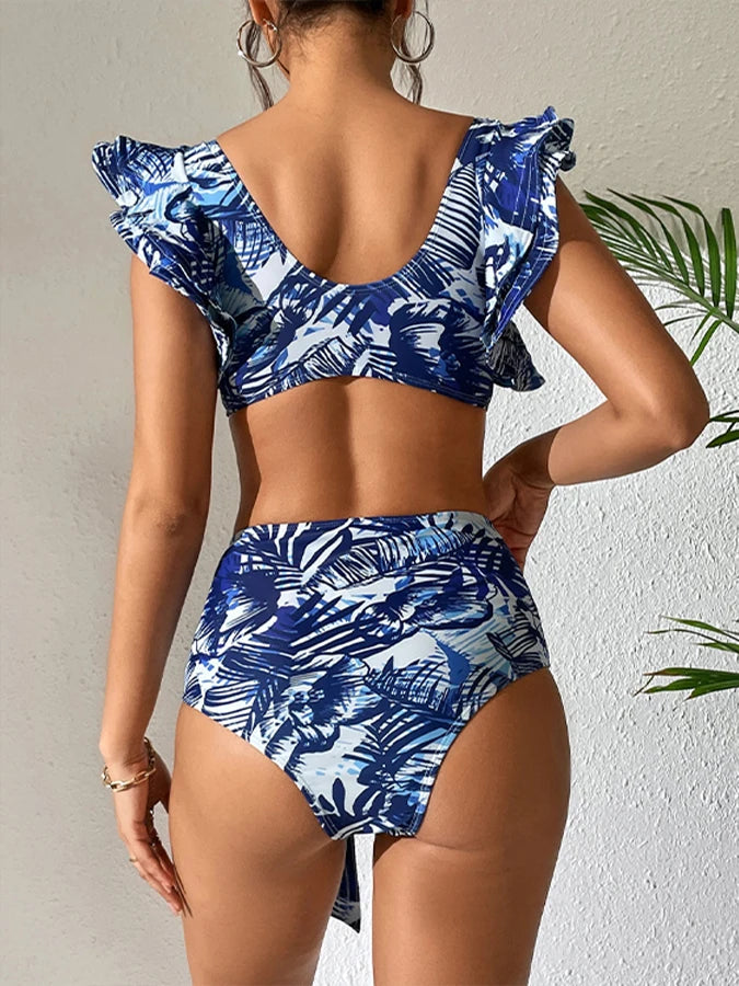 Women Push Up Swimwear Ruffle Printed Bikini Swimsuit Cover Up High Waist V Neck Bikini Set Summer Beach Fashion Bathing Suit